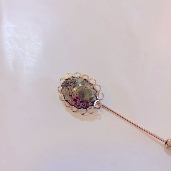 Vintage Unakite Jasper Stick Pin Gold Tone Metal 2.5” Gorgeous - Picture 2 of 3
